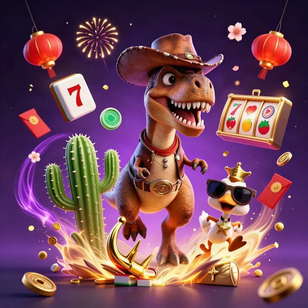 Cowboy T-Rex, cactus sidekick, and roadrunner amid neon casino treasures and violet glow.