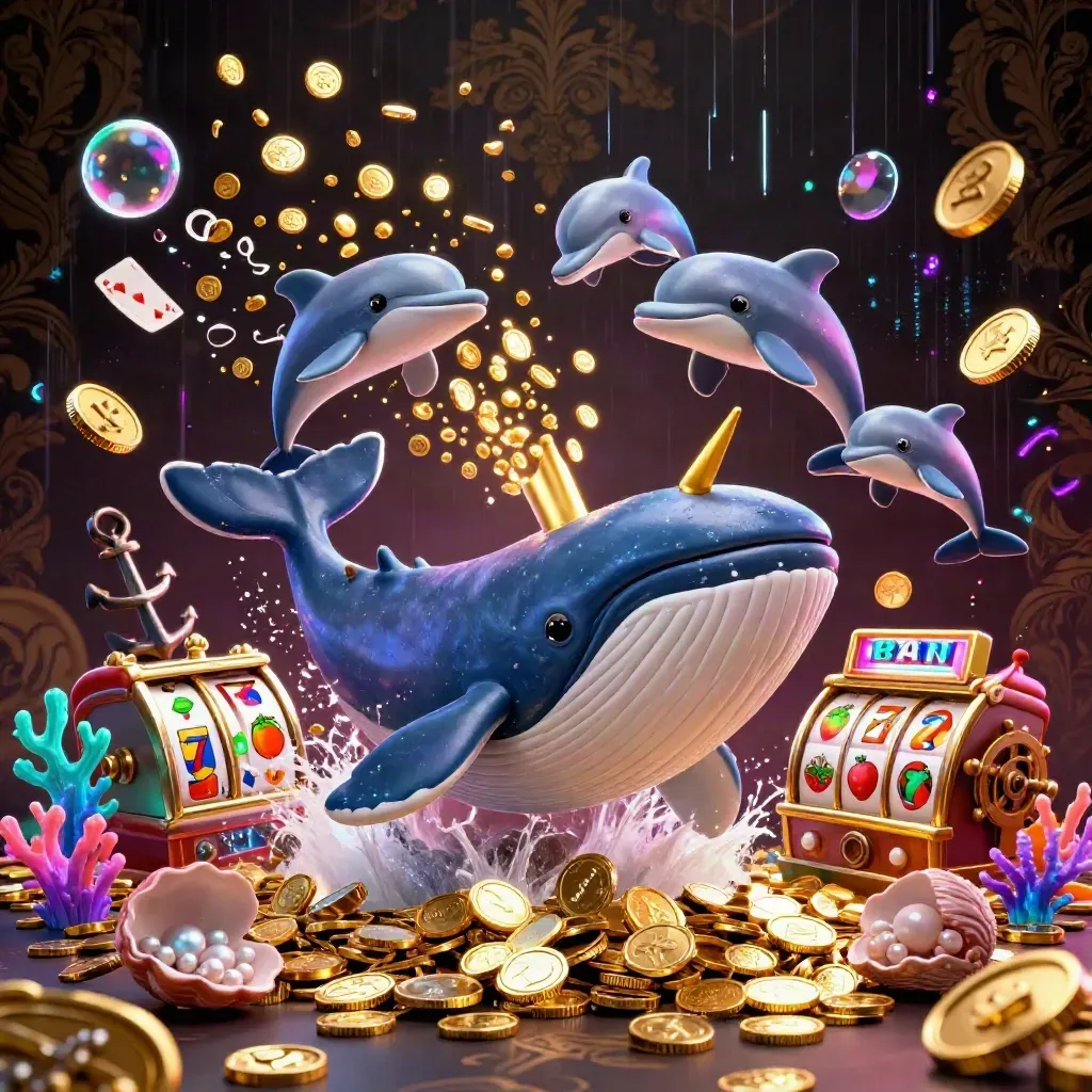 Whale captain, narwhal, and dolphins bursting from coins with neon casino treasure.