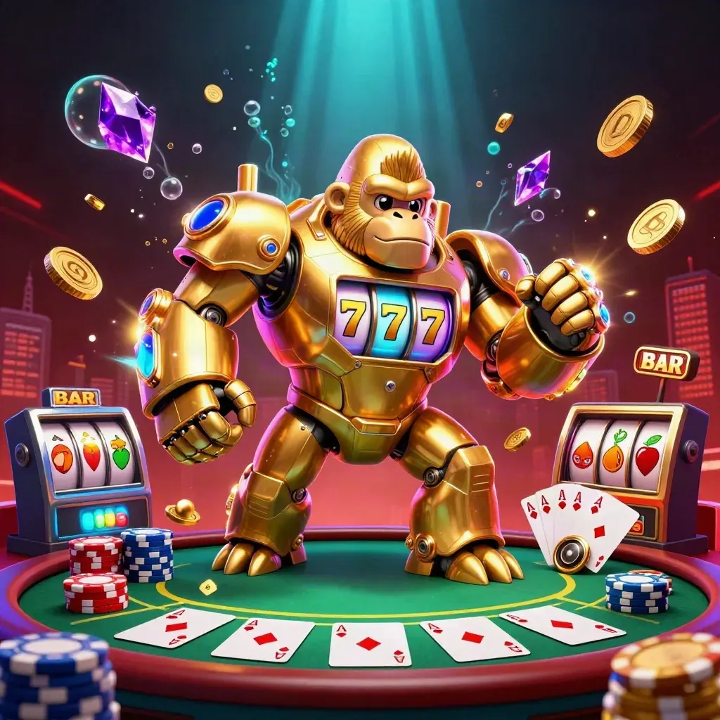 Golden gorilla mech with tiny monkey pilot, bursting chips, cards, neon glow, and casino debris.