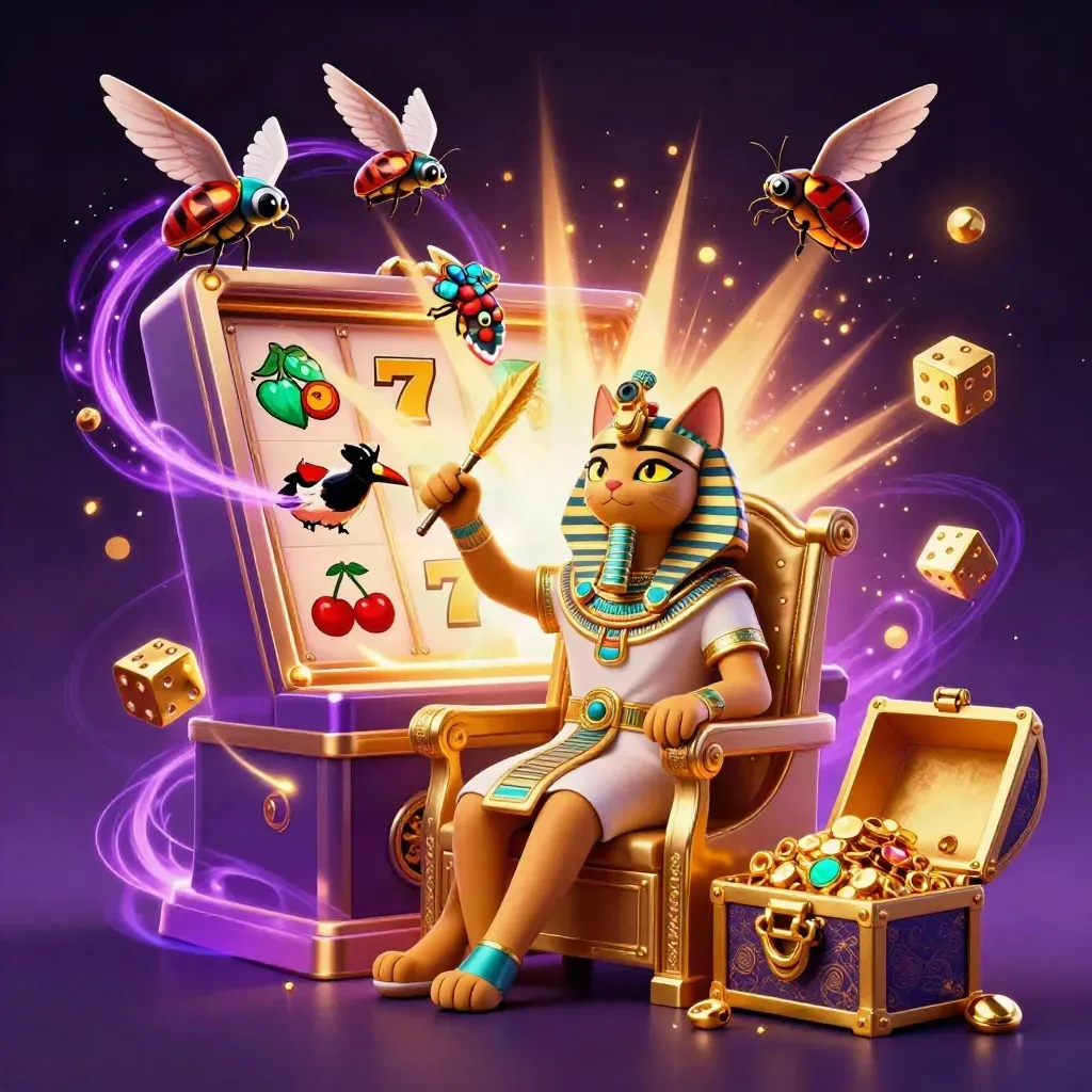 Pharaoh cat, ibis scribe and gem-winged scarabs amid slot machine bursts and gold treasure.