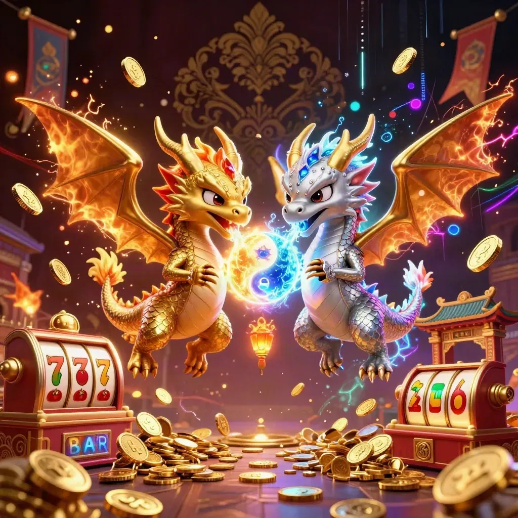 Twin gold and silver dragons with treasure, coins, slot reels, temple gate, and neon casino glow.