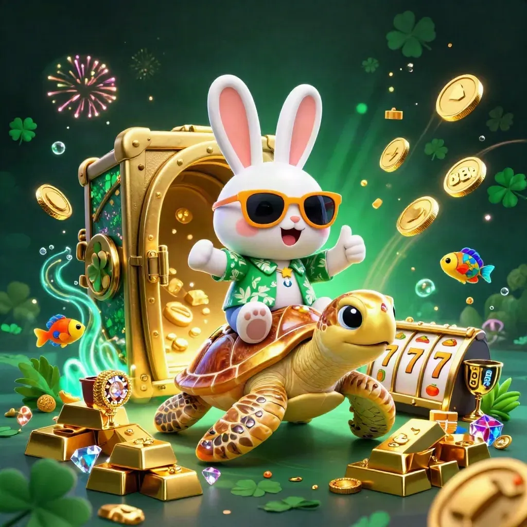 Lucky rabbit rides gold sea turtle through vault burst, coins, gems, reels and neon glow.