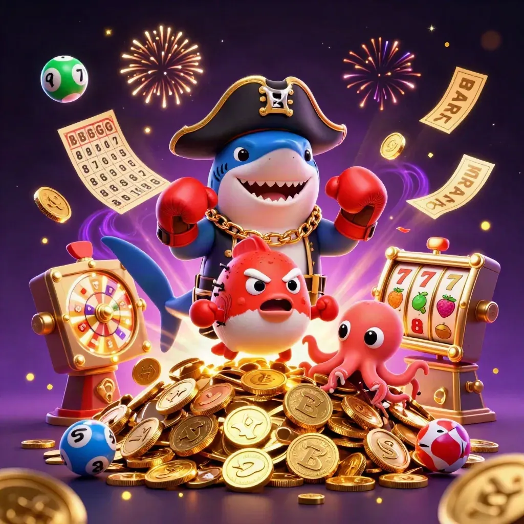 Pirate shark, boxing pufferfish, and juggling octopus amid coins, reels, fireworks, and a purple vault glow