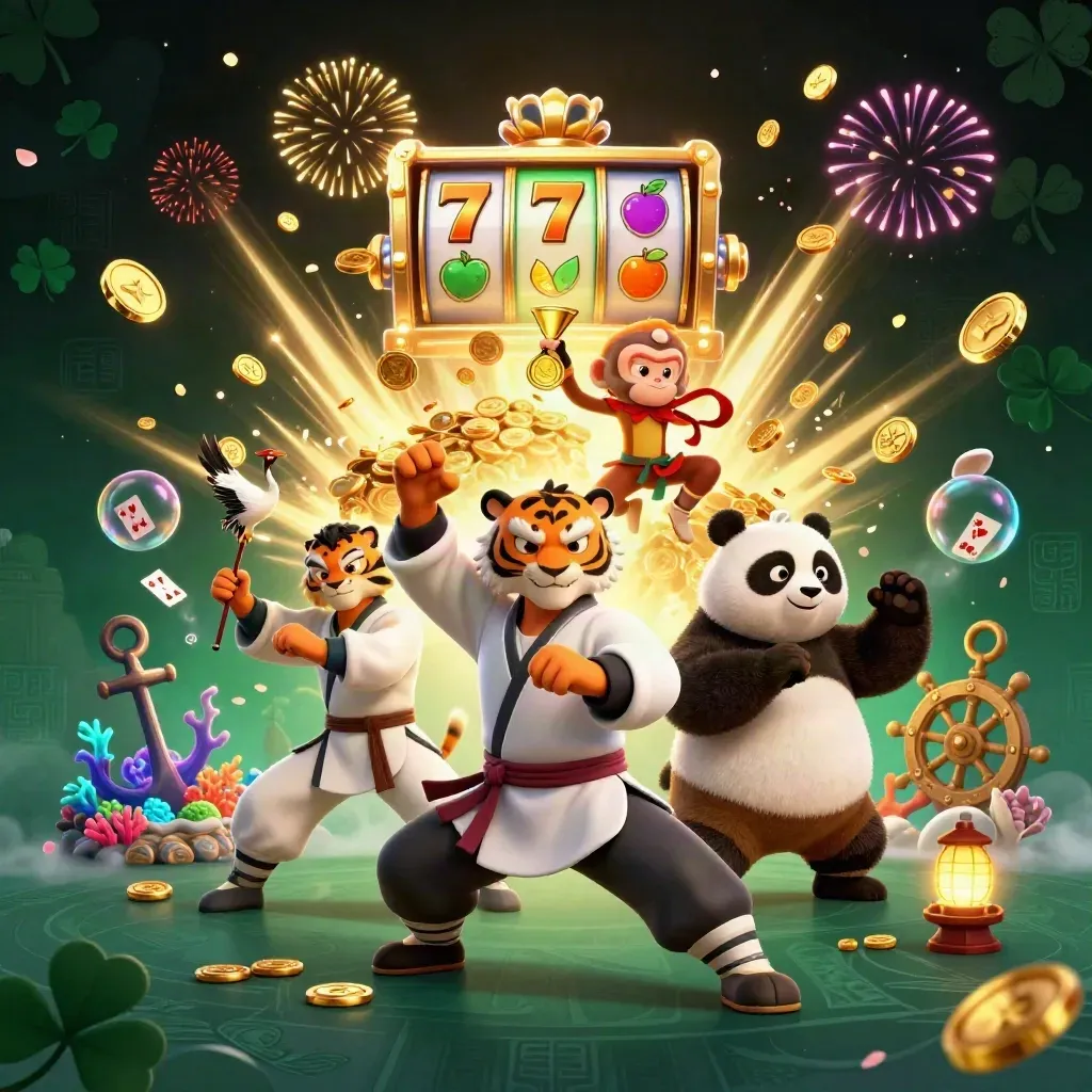 Tiger, panda, and monkey in a glowing casino treasure cove with coins, reels, and fireworks.