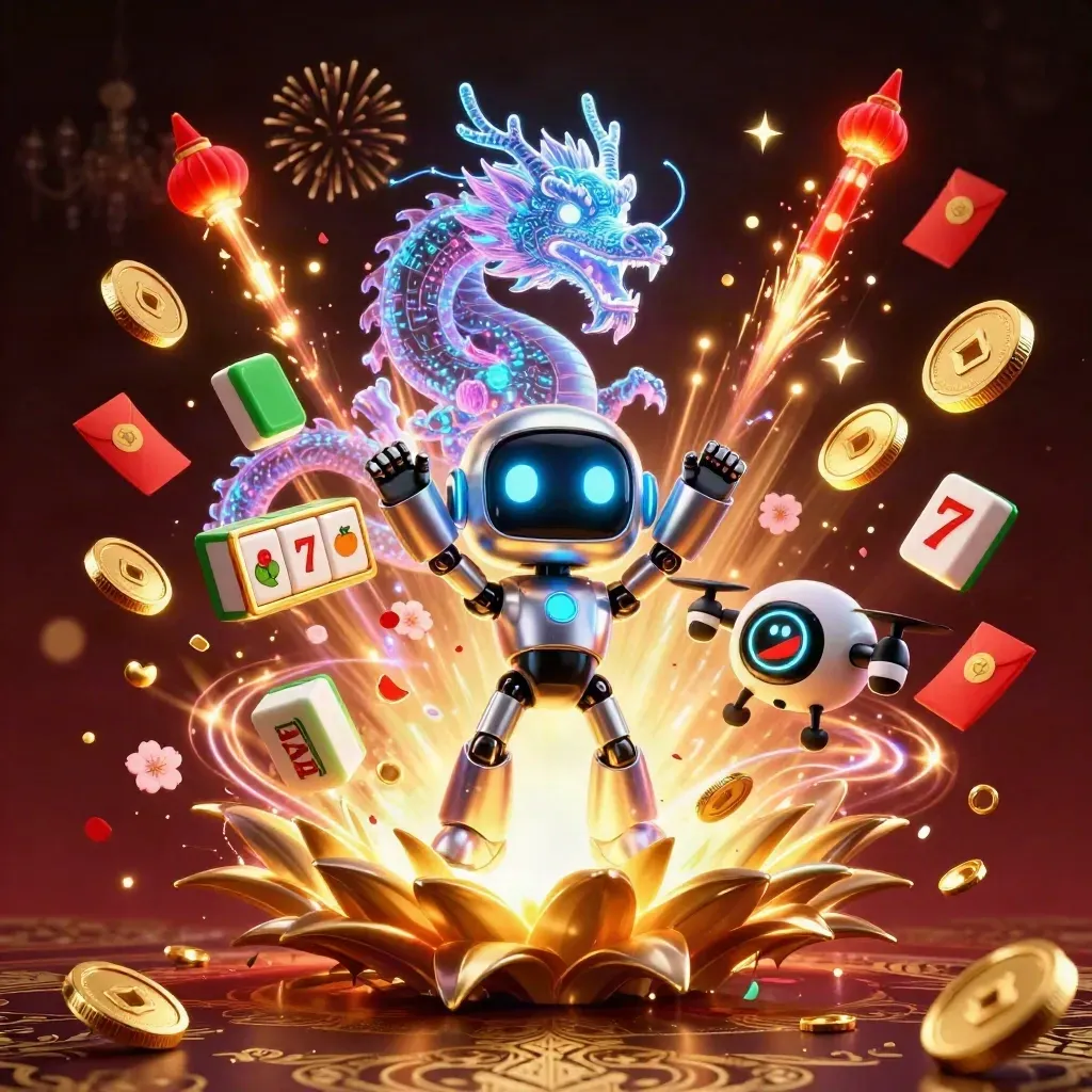 Cyberpunk robot, holographic dragon and coin drone amid vault coins, fireworks and gold confetti