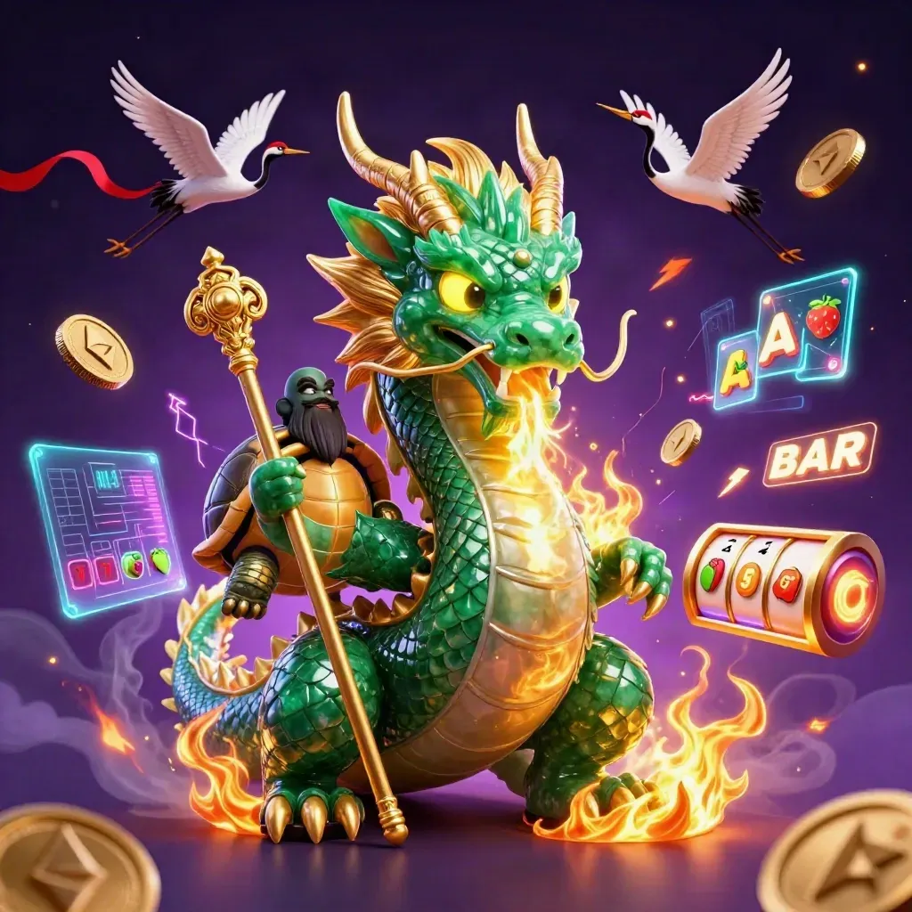 Emerald dragon, turtle sage, and cranes amid gold fire, neon coins, reels, and violet energy.