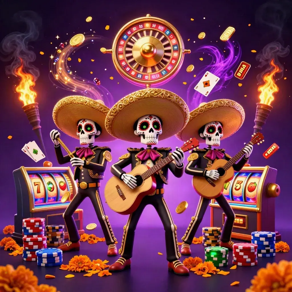 Day-of-the-Dead mariachi skeleton trio amid gold coins, reels, cards, chips and neon casino glow.