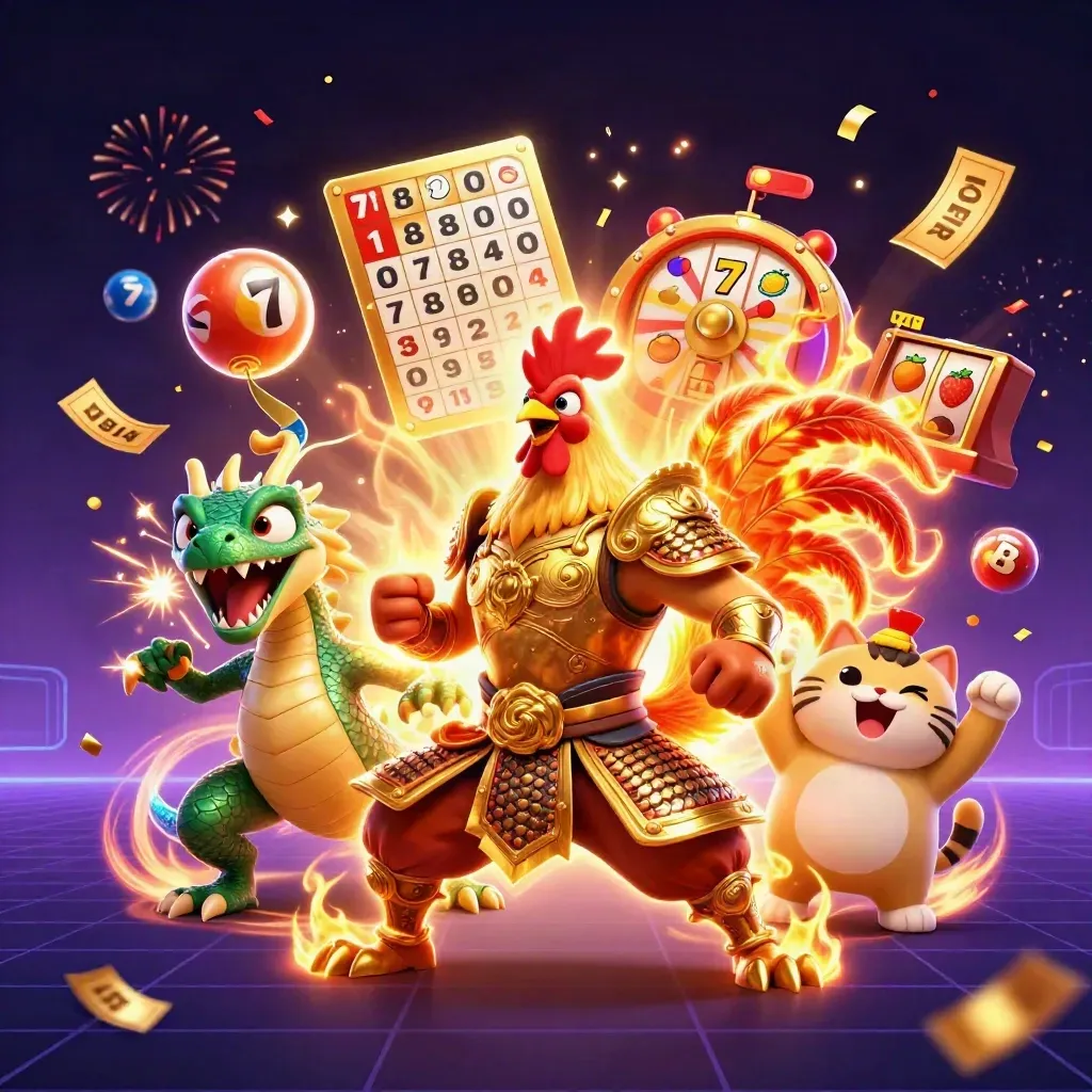 Rooster warrior, dragon hatchling, and fortune cat amid casino bursts on a neon dark background.