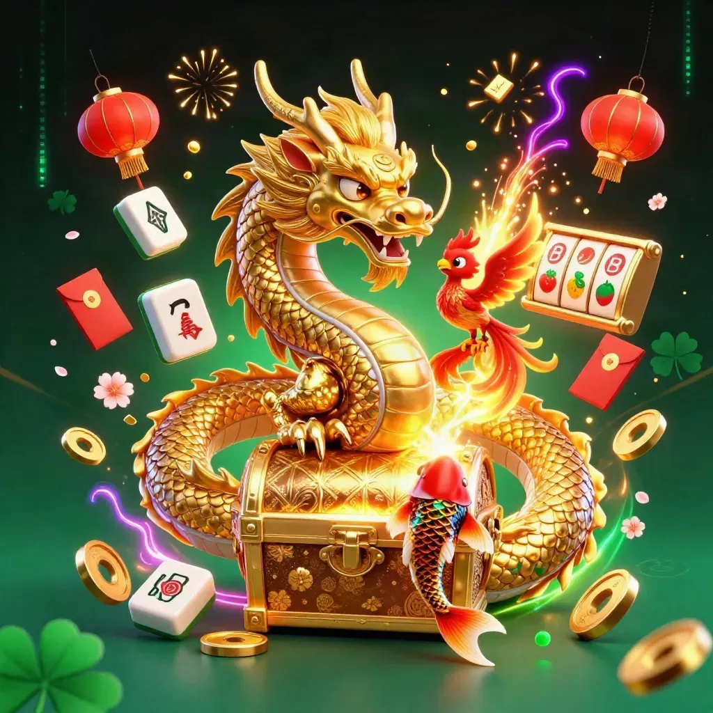 Golden dragon, phoenix, koi and casino symbols exploding in emerald neon on a dark premium backdrop.