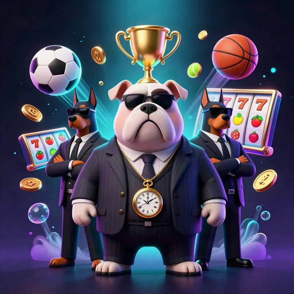 Bulldog mafia boss with Doberman guards amid neon slot symbols, coins, trophy, and casino glow.
