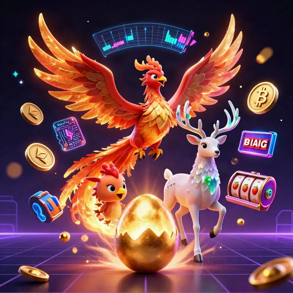 Phoenix, hatching egg, and crystal stag amid neon coins, reels, and gold casino glow
