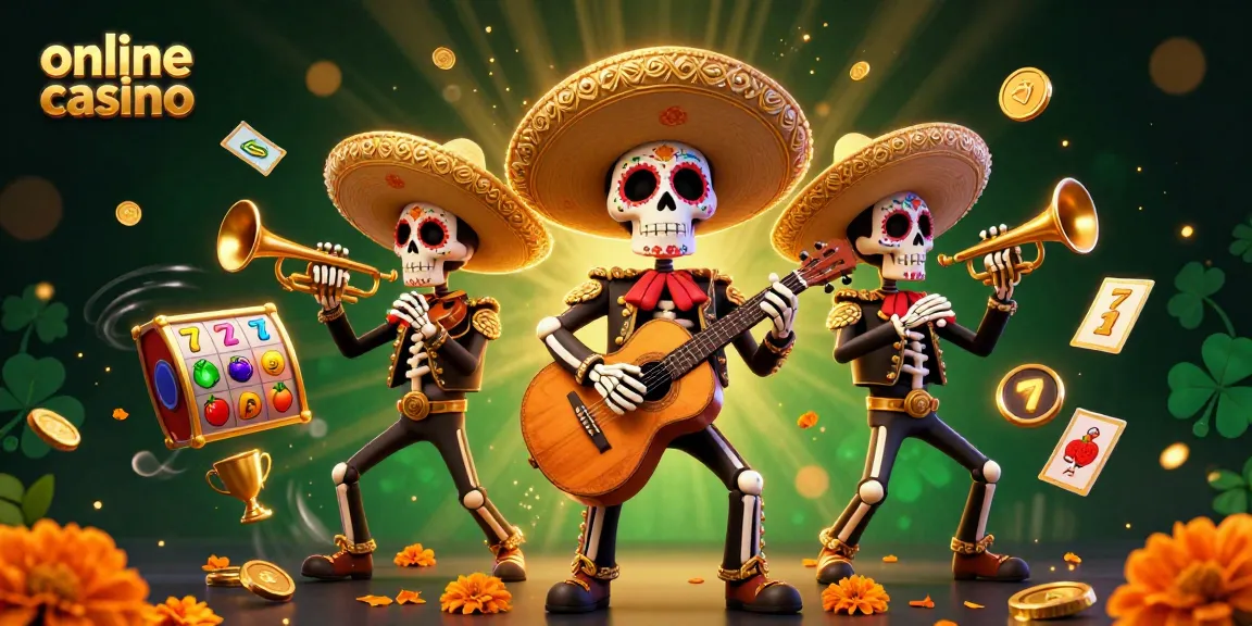 Experience dynamic fun at an online casino with colorful slot elements and a mariachi band.