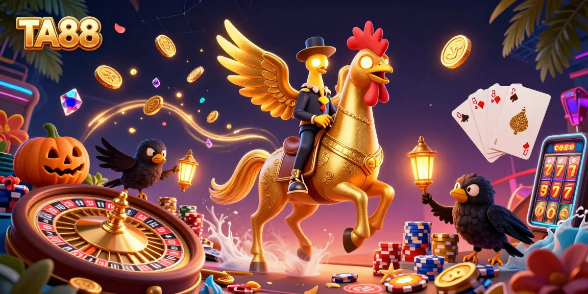 TA88 illustrates a lively casino atmosphere with golden rooster, coins, and vibrant action.