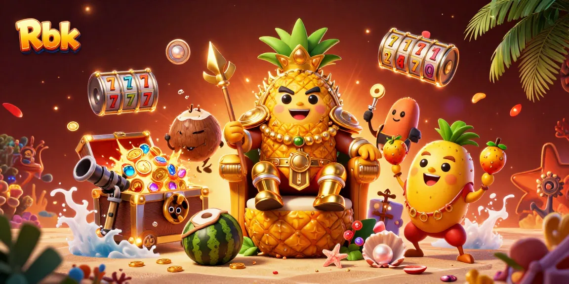 Rbk features a golden pineapple king amidst vibrant casino elements, showcasing exciting gambling activities.