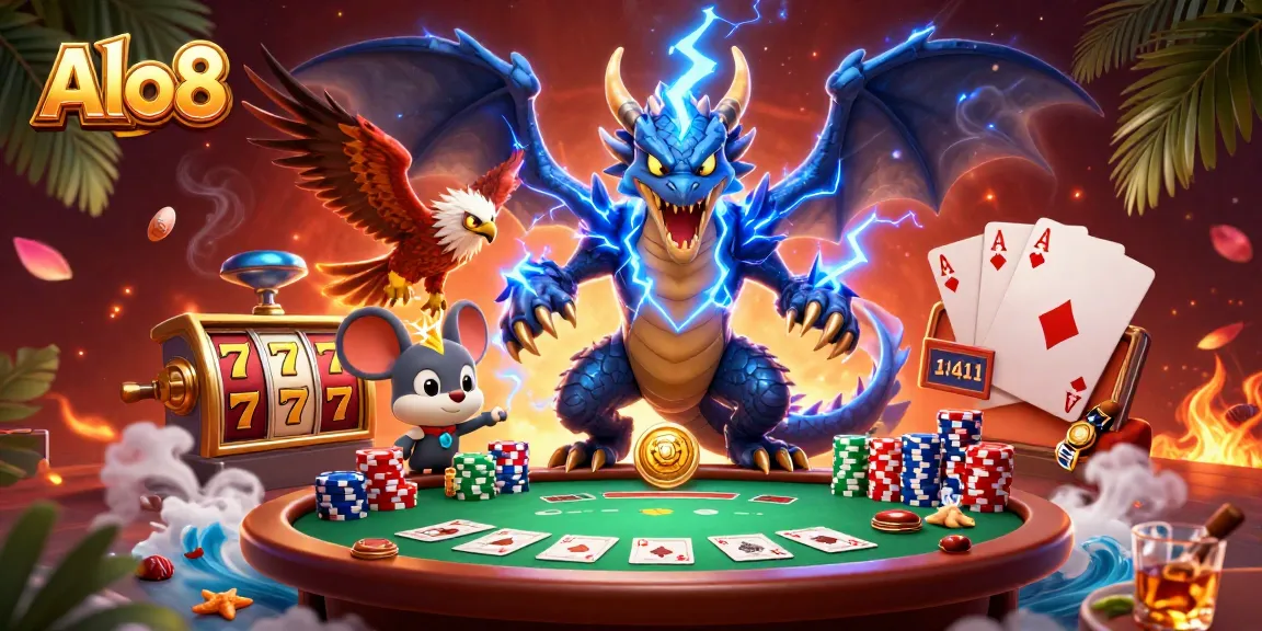 Alo8 dragon and hawk characters showcase electrifying casino gameplay with slot reels and poker elements.