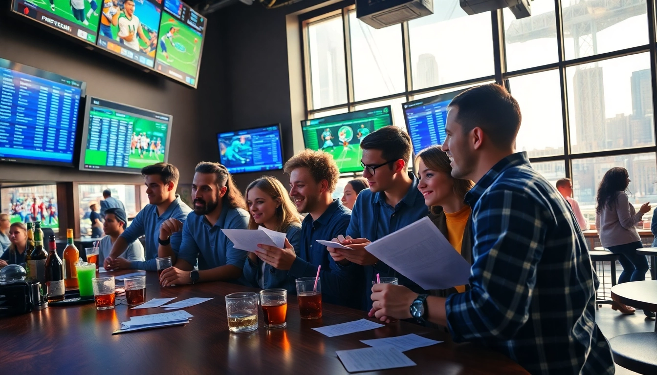 Engaging group analyzing Sports Betting odds in a lively sports bar atmosphere.