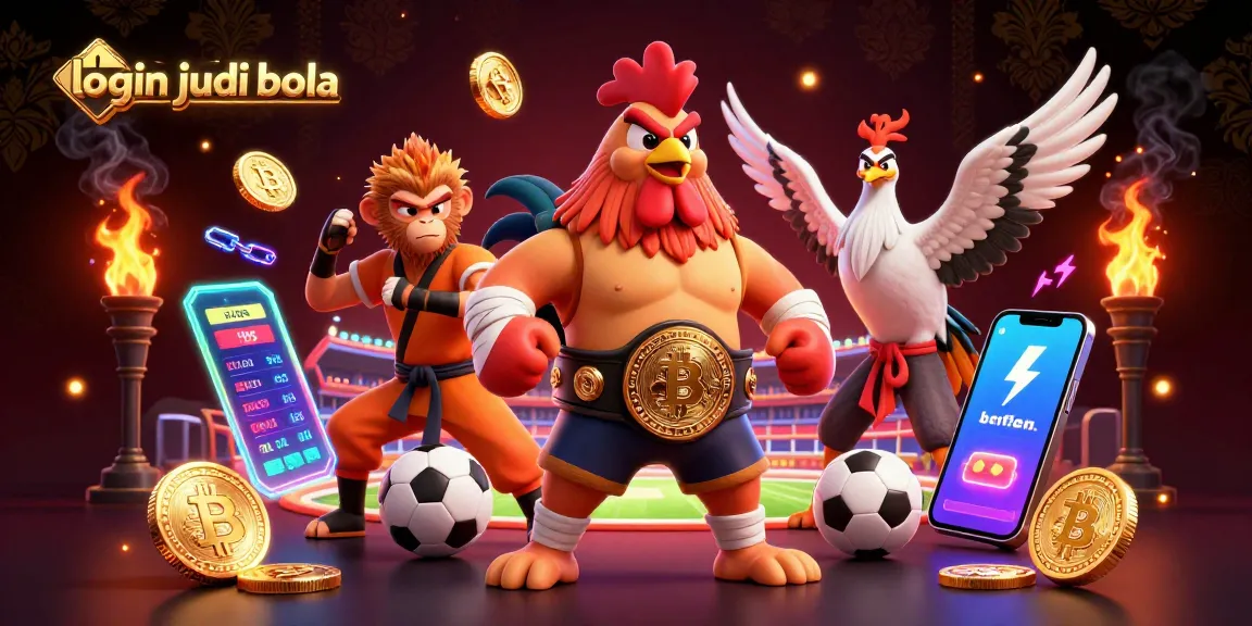 Engage with login judi bola through vibrant sports betting visuals, featuring dynamic characters and crypto elements.