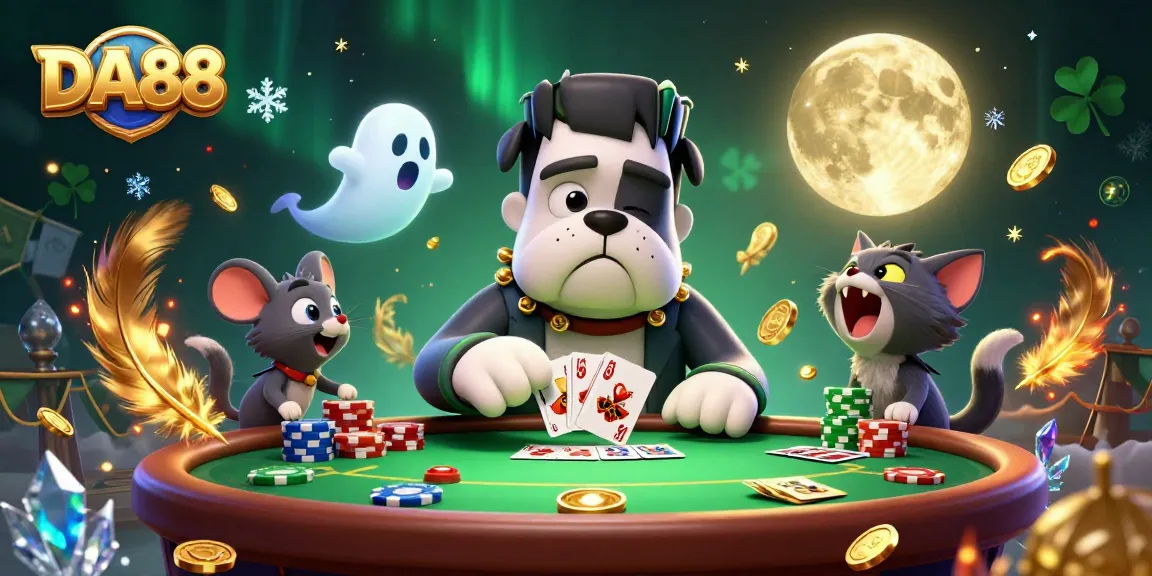 Engage in thrilling poker action with DA88's lively 3D illustration featuring vibrant characters and casino elements.