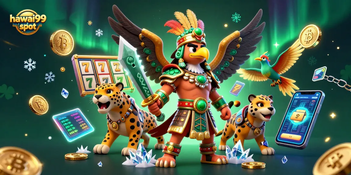 Experience the excitement of hawai99 slot with a vibrant, detailed illustration of Aztec warriors, slot reels, and cryptocurrency elements.