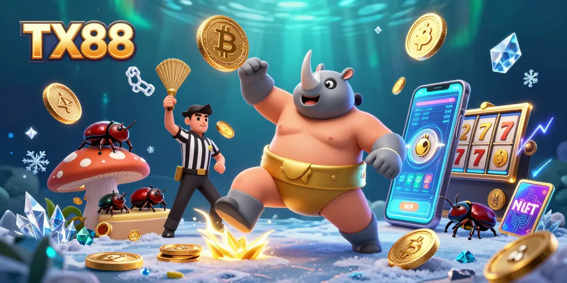 Experience TX88 action with a sumo beetle champion winning in a vibrant cryptocurrency gaming scene.
