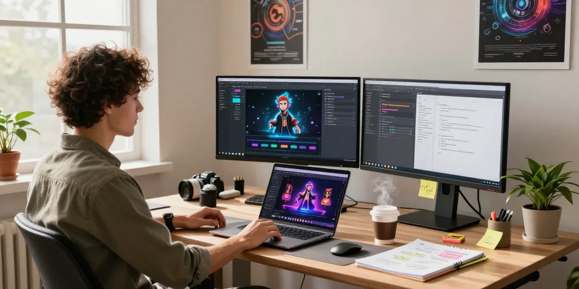 Tavern AI developer creating engaging AI characters in a modern workspace filled with high-tech elements and artistic decor.