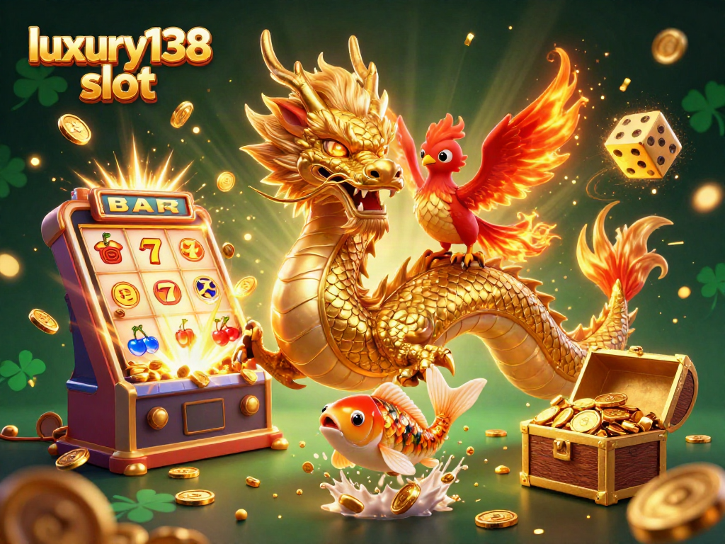 Slot luxury138 slot mempersembahkan jackpot mengesankan dengan naga emas dan ikan koi melompat.