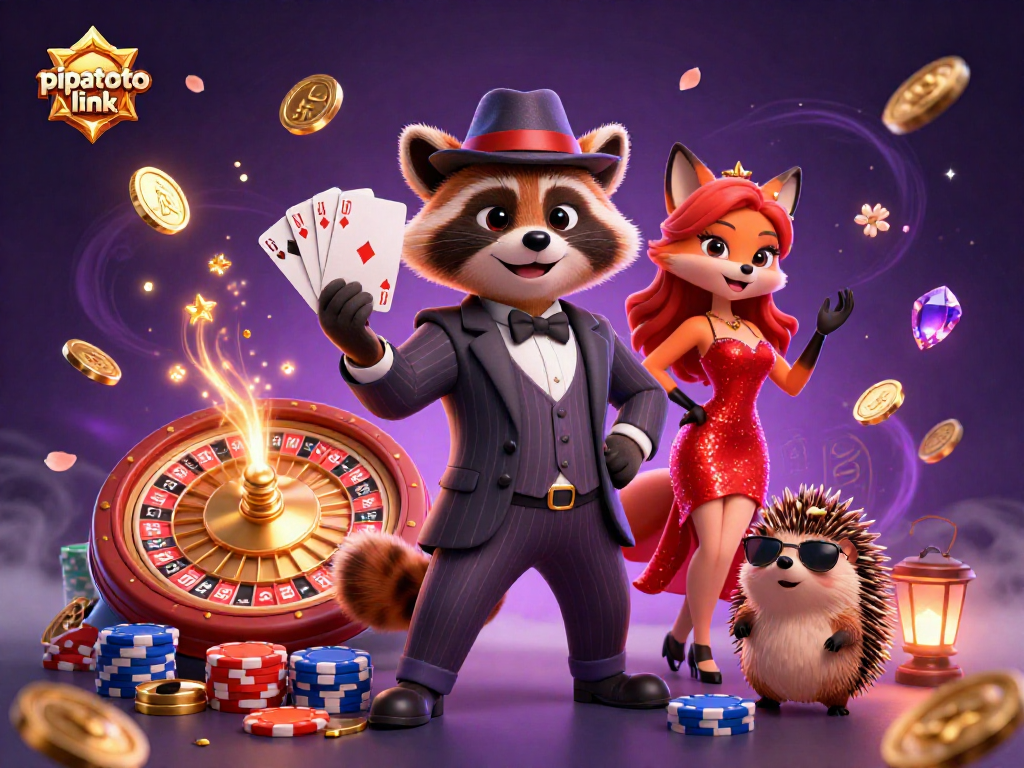 Pipatoto link showcases an exciting casino scene with characters and rich elements, featuring a suave raccoon, fox lady, and hedgehog bouncer.