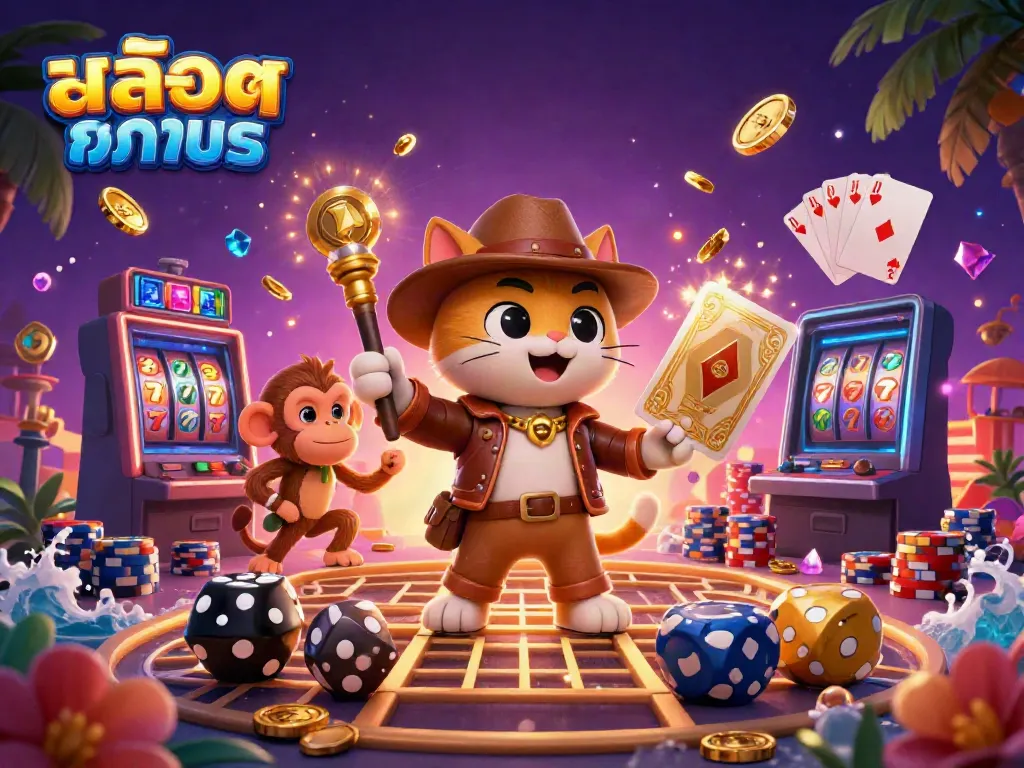 Engage with สล็อตทดลอง in a dynamic scene featuring an explorer cat and monkey amidst a lavish casino.