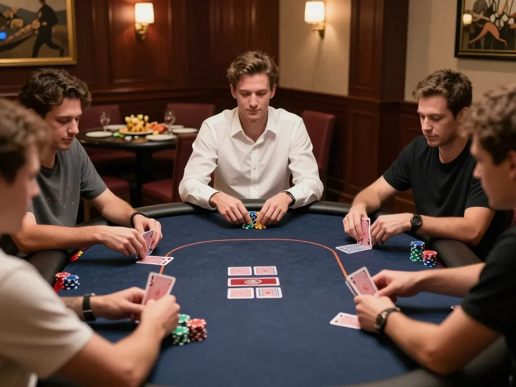 Engaged players strategizing at gameradar poker table in elegantly lit room