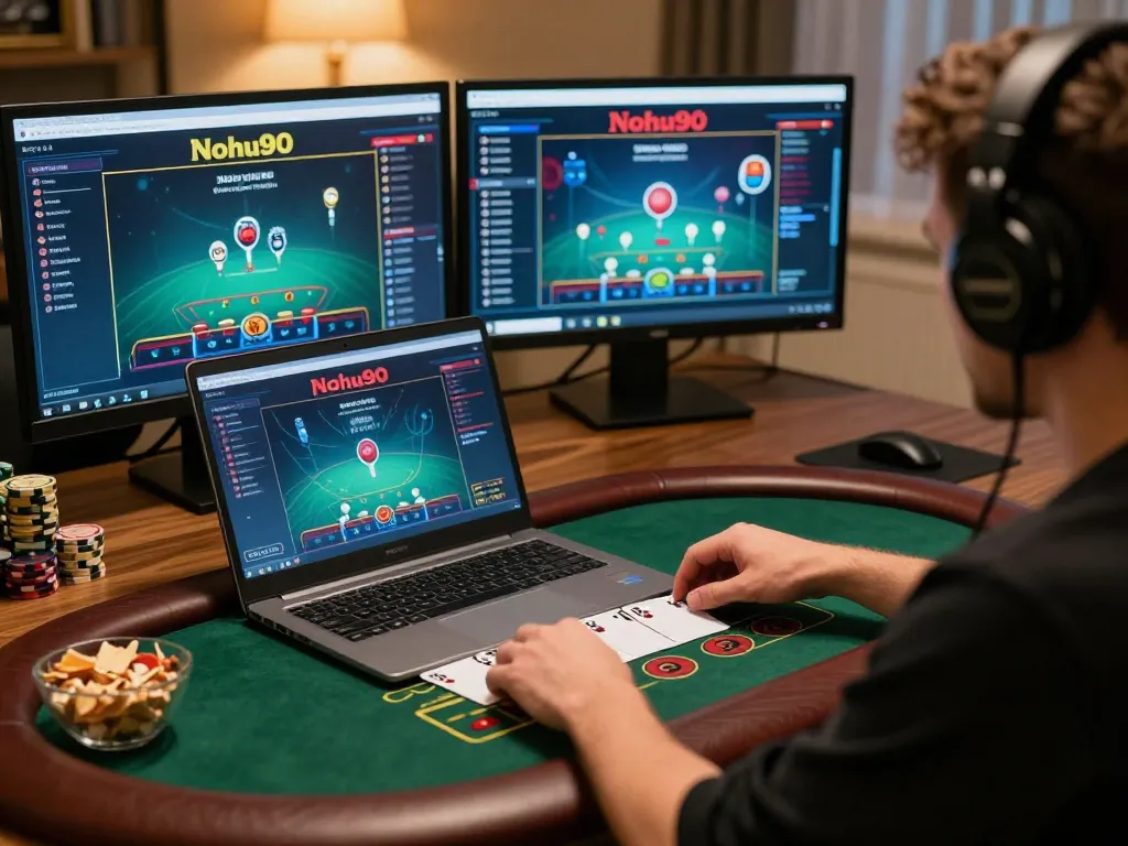Nohu90 player enjoying an online blackjack game with laptop displaying live dealer