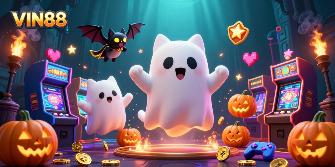 Experience the thrilling world of VIN88 with a ghostly cat and colorful adventure in a haunted casino.