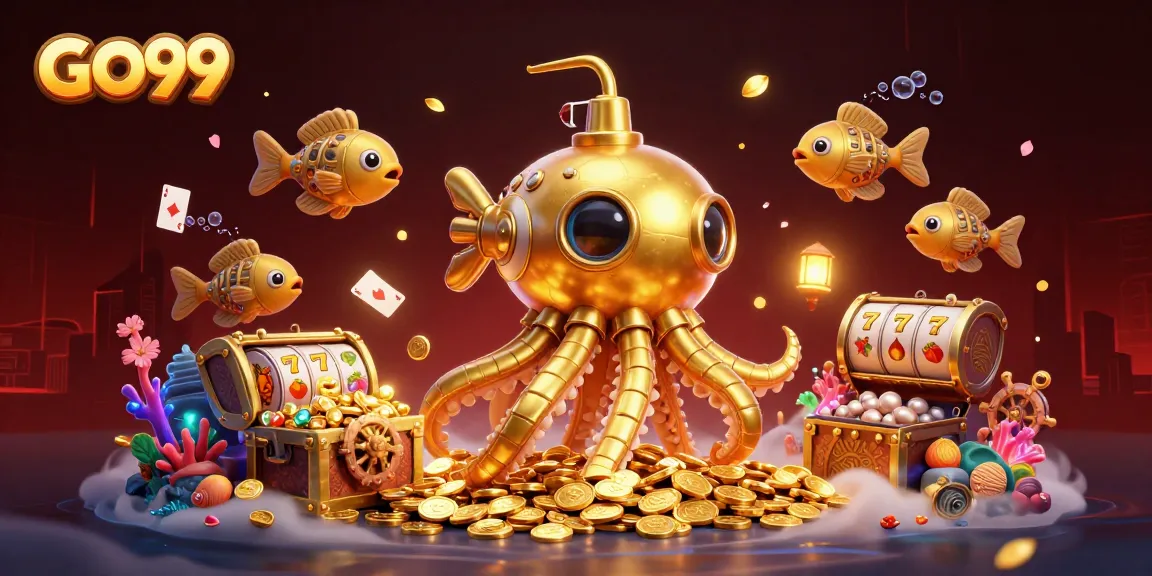 Experience the excitement of GO99 with a vibrant 3D casino scene featuring treasures and slot games.