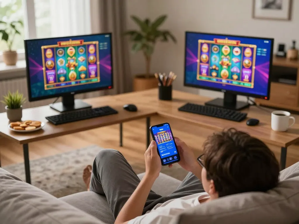 Player enjoying the iwinpro app on a smartphone, capturing the excitement of mobile gambling at home
