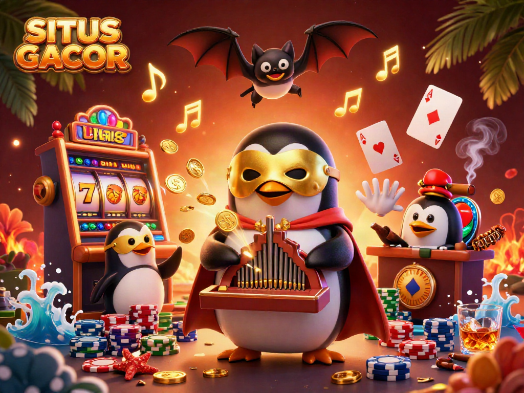 SITUS GACOR site brings excitement with a vibrant 3D illustration of a penguin playing an organ shooting coins.