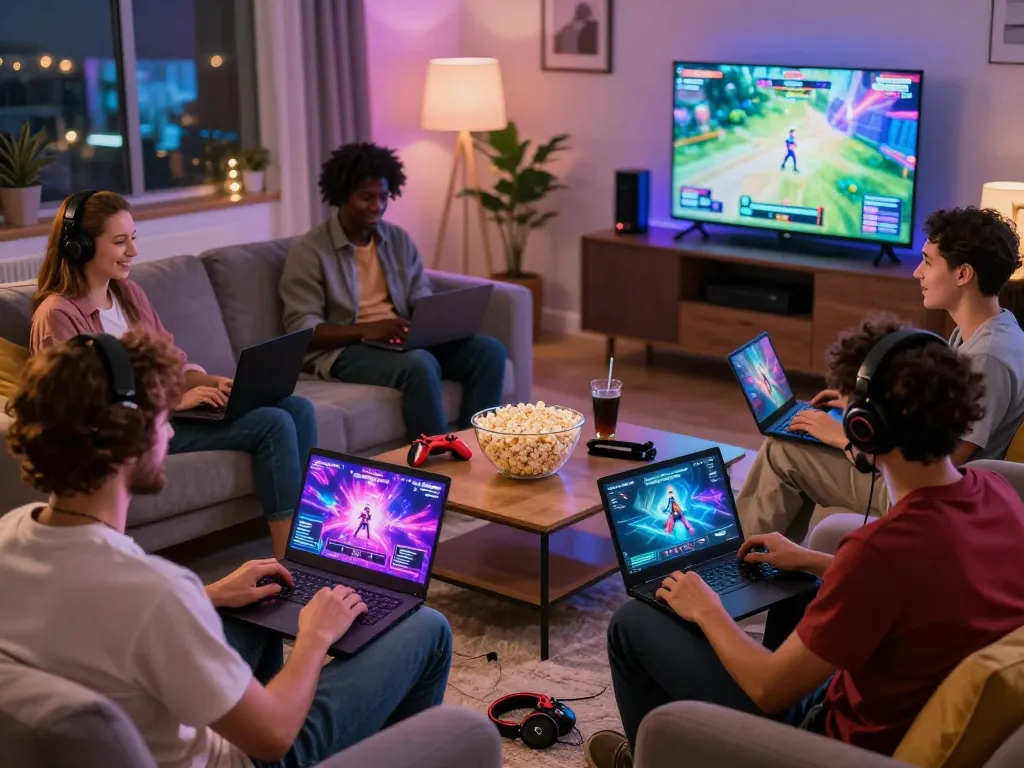 Engaging scene of adults playing porngame together in a cozy living room, showcasing vibrant graphics and a relaxed atmosphere.