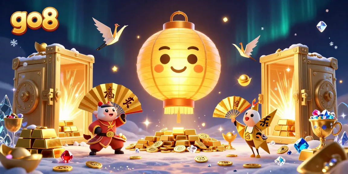 Experience gaming thrills at go8, featuring a luminous golden lantern spirit alongside dazzling treasures and dynamic casino elements.