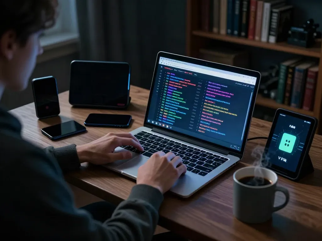 Person navigating the hidden wiki dark web on a laptop in a moody, tech-savvy environment.