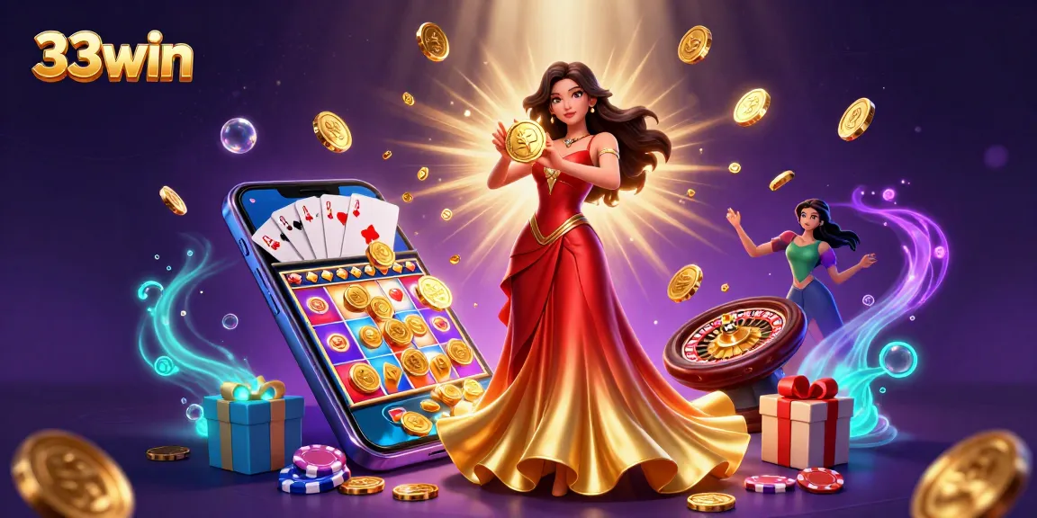Win big at 33win casino with a stunning 3D illustration showcasing vibrant slot games and golden coins.