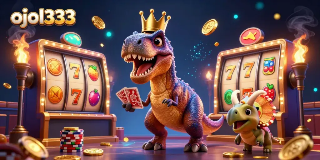 Engage with exciting games at ojol333 featuring a T-Rex bustling at a casino with vibrant elements.