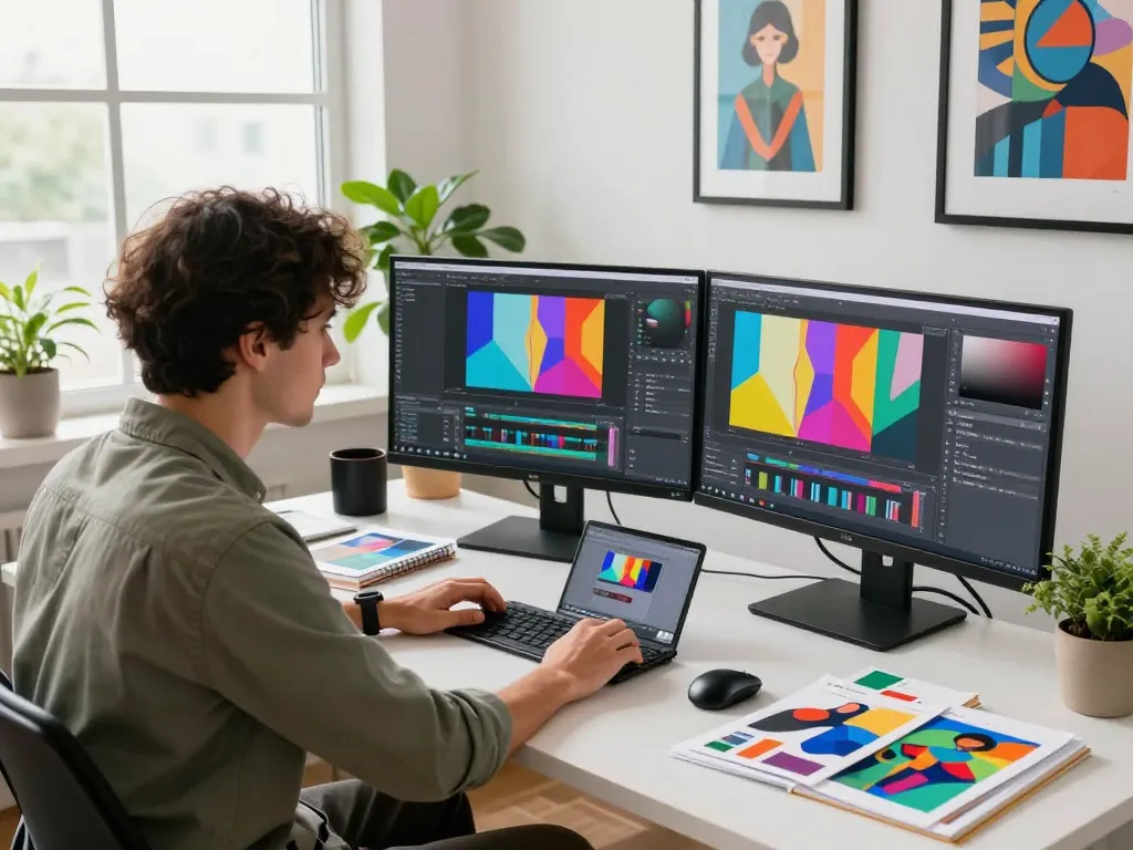 Graphic designer using nano banana 2 in a modern digital workspace.