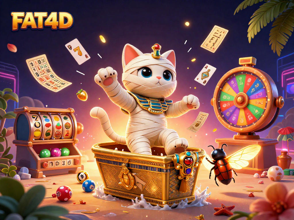 FAT4D unleashes thrilling slot action with vibrant Egyptian casino scene featuring game elements and characters.