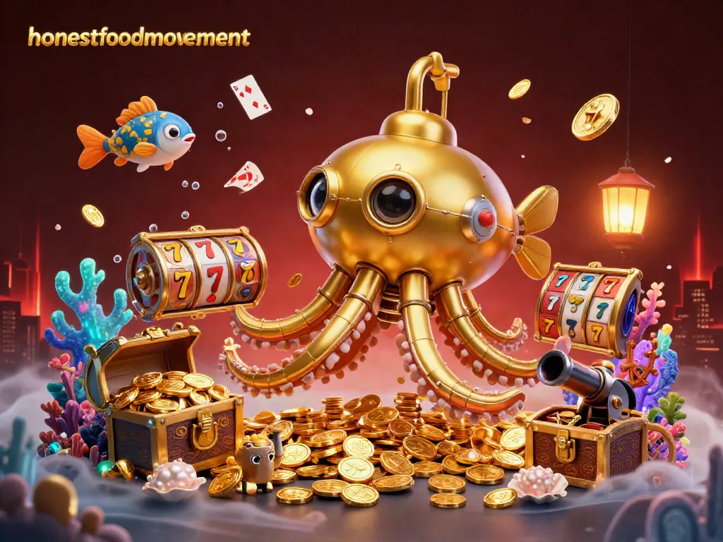 Engage with honestfoodmovement's golden kraken submarine surfacing with slot elements in a vibrant sea of coins.
