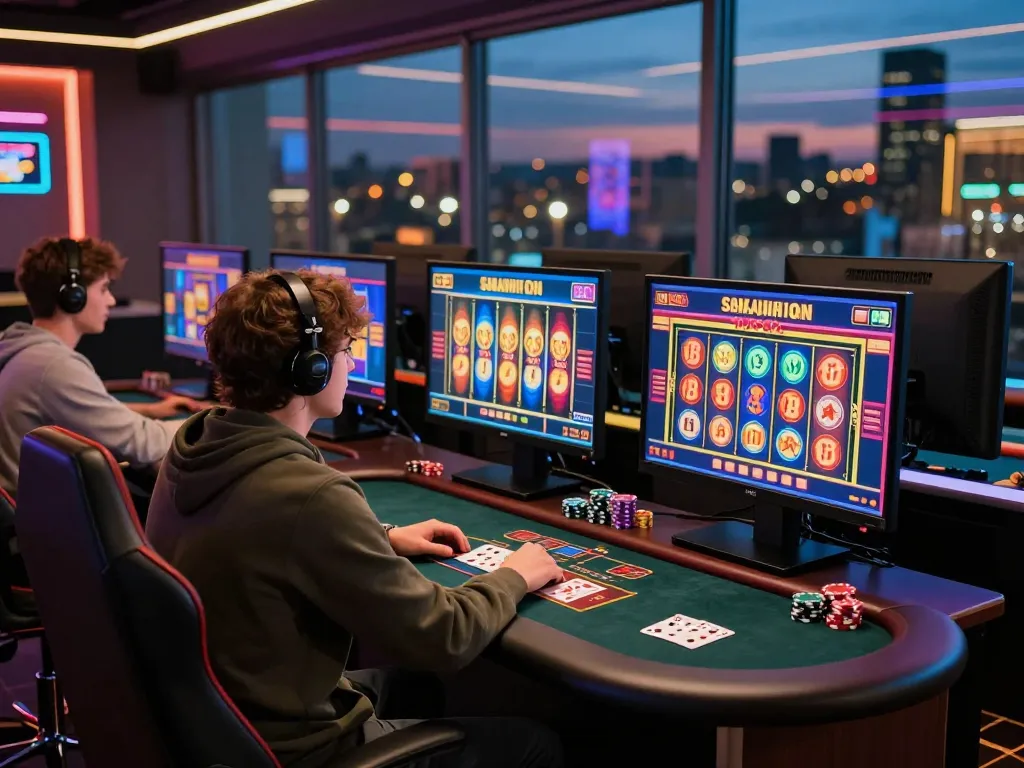 Exciting online gaming scene showcasing situs gacor with vibrant slot machines and engaged player.