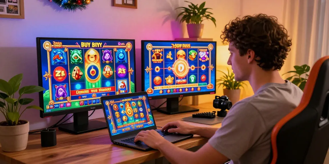 Engaged player enjoying buy feature slots on a laptop, surrounded by vibrant casino game visuals at home.
