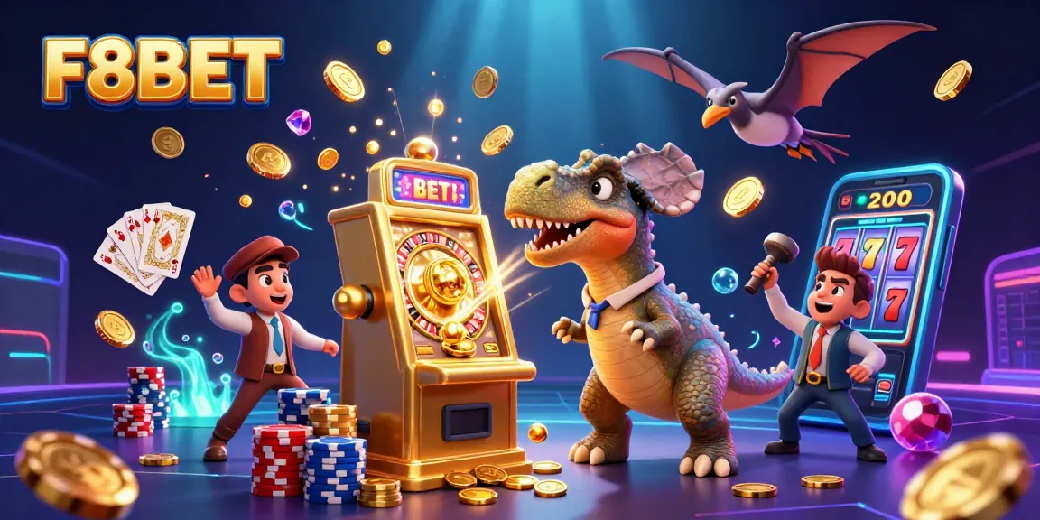 F8BET features a pachycephalosaurus winning jackpots while a pteranodon catches flying coins.