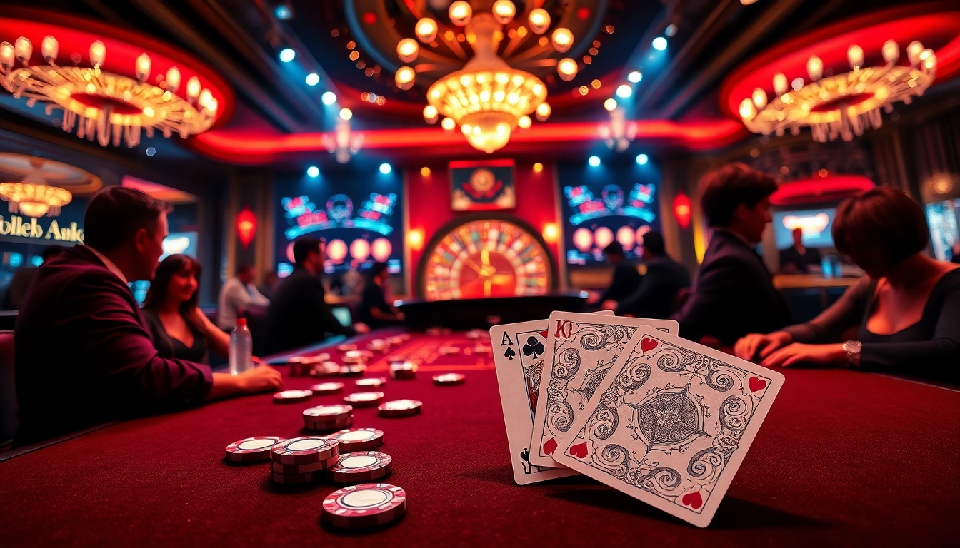 The excitement of gambling at https://thabet.vegas/ with poker players competing and vibrant casino ambiance.