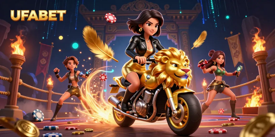 Experience thrilling gaming excitement at UFABET with a glamorous Asian heroine on a golden lion motorcycle amidst a vibrant casino environment.
