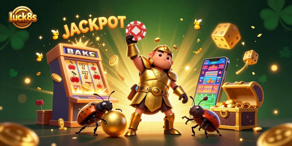 Experience luck8s fortune with a joyful jackpot scene featuring a heroic beetle and dynamic casino elements