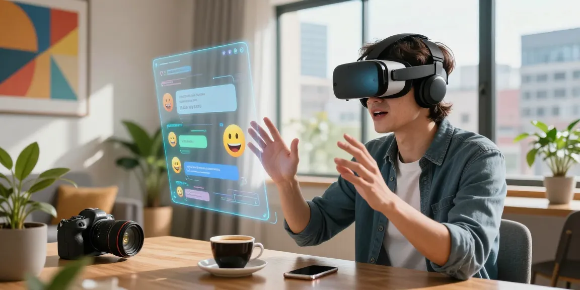 Engaging in an AI spicy talk with a futuristic headset in a vibrant urban apartment setting.