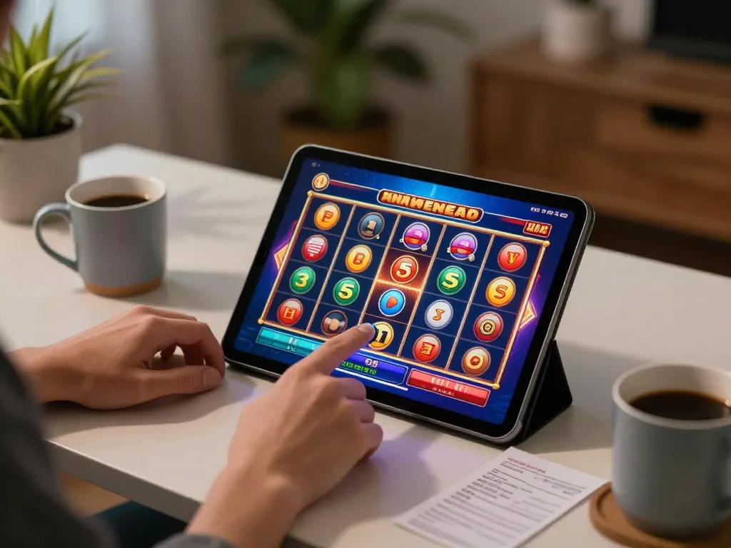 Player enjoying an exciting slot game experience on a tablet, highlighting vibrant graphics and immersive gameplay.